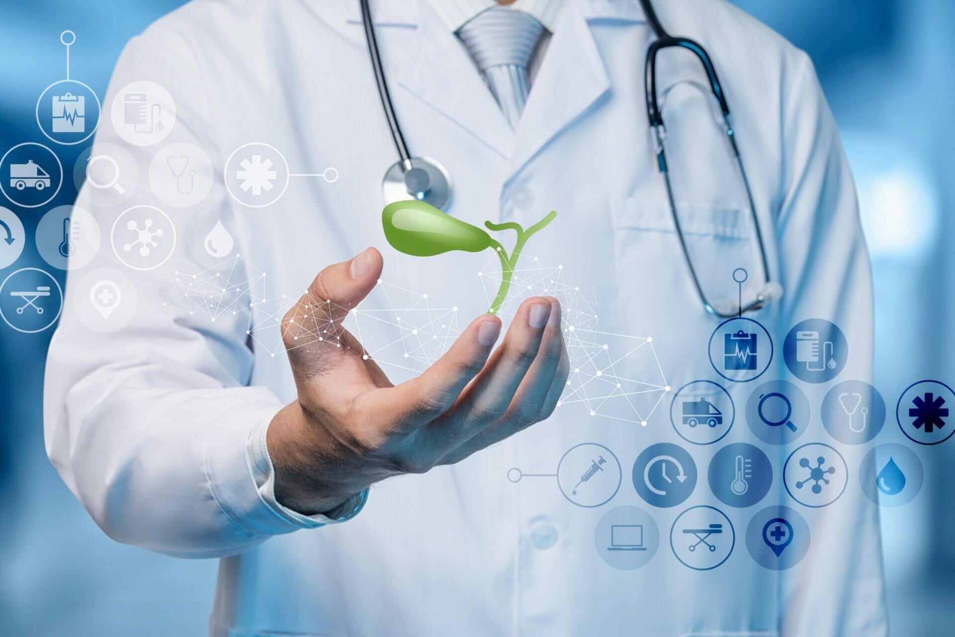 A doctor holding out his hand whilst a cartoon gallbladder hovers above the hand