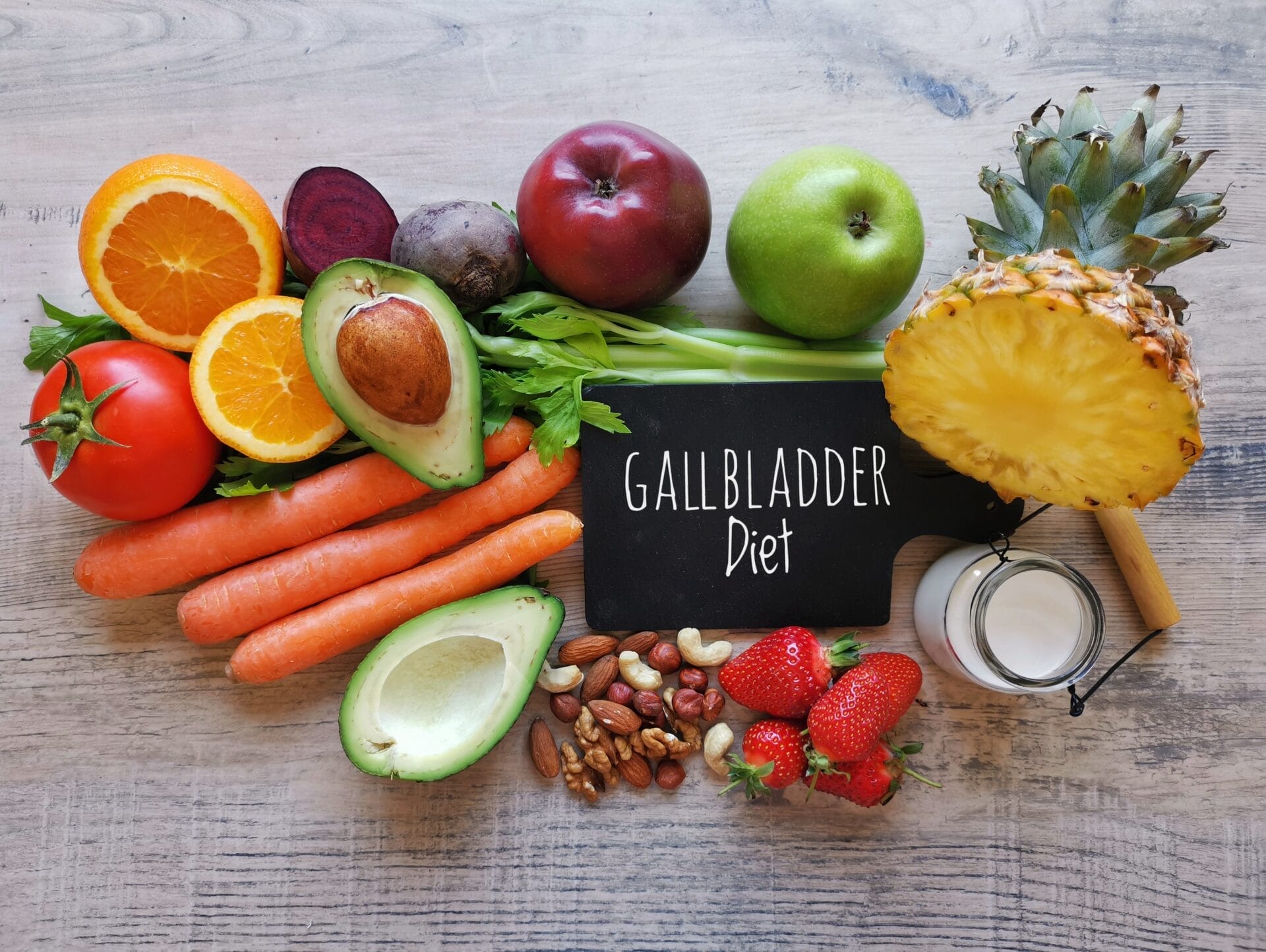 Food for gallbladder health. Bile healthy foods. Fresh fruit and vegetable high in fiber, diet concept after gallbladder surgery. Diet for gallbladder stone. Celery, apple, nuts, berries, carrot, beet