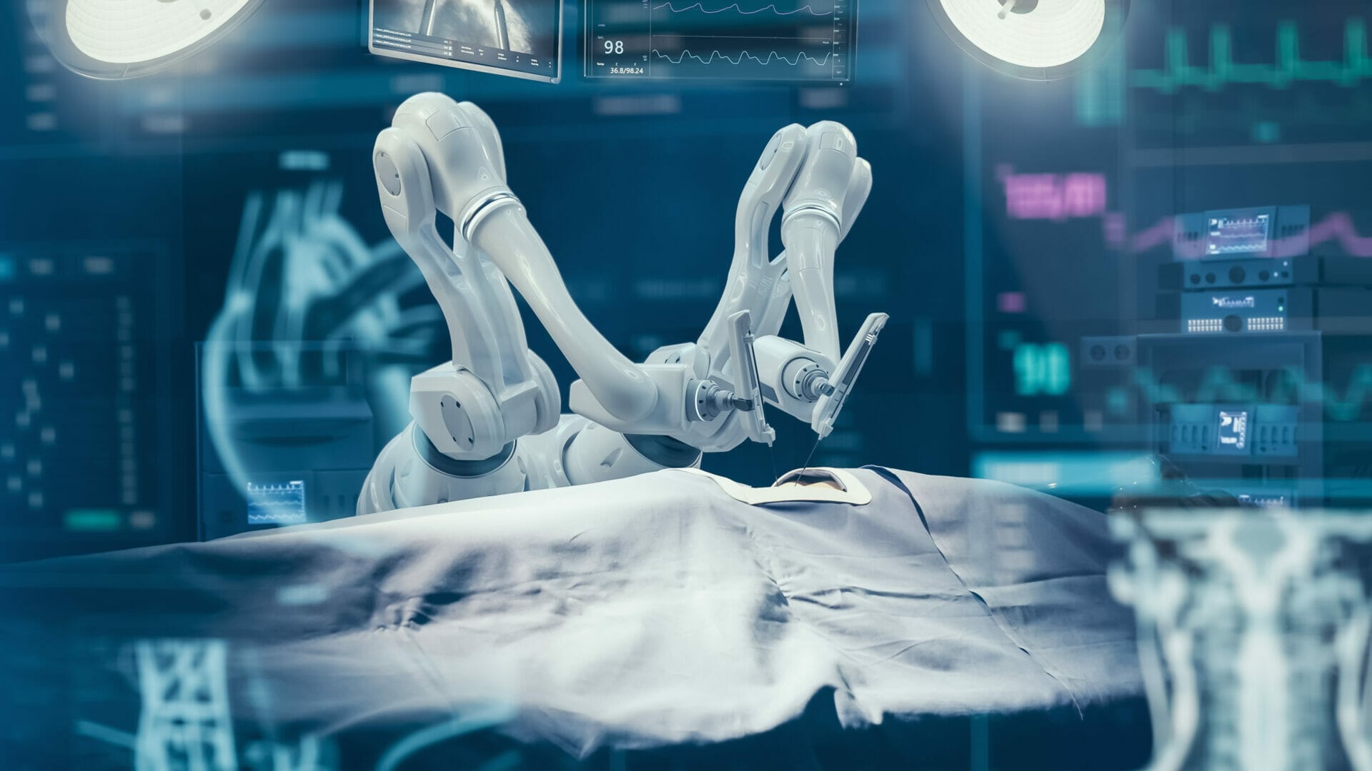 Surgery Patient Laying On Surgical Table. Robot Arms Performing High-Precision Nanosurgery In Hospital. Automated Robotic Limbs Operating, VFX Holographic Displays Showing Heartbeat, Blood Pressure.