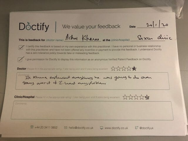 A Doctify review that expresses their gratitude for Mr Achal Khanna