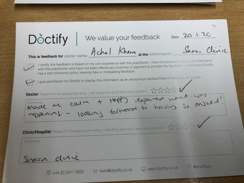 A 5 star Doctify review from a happy patient that talks about how calm and happy Mr Khanna was