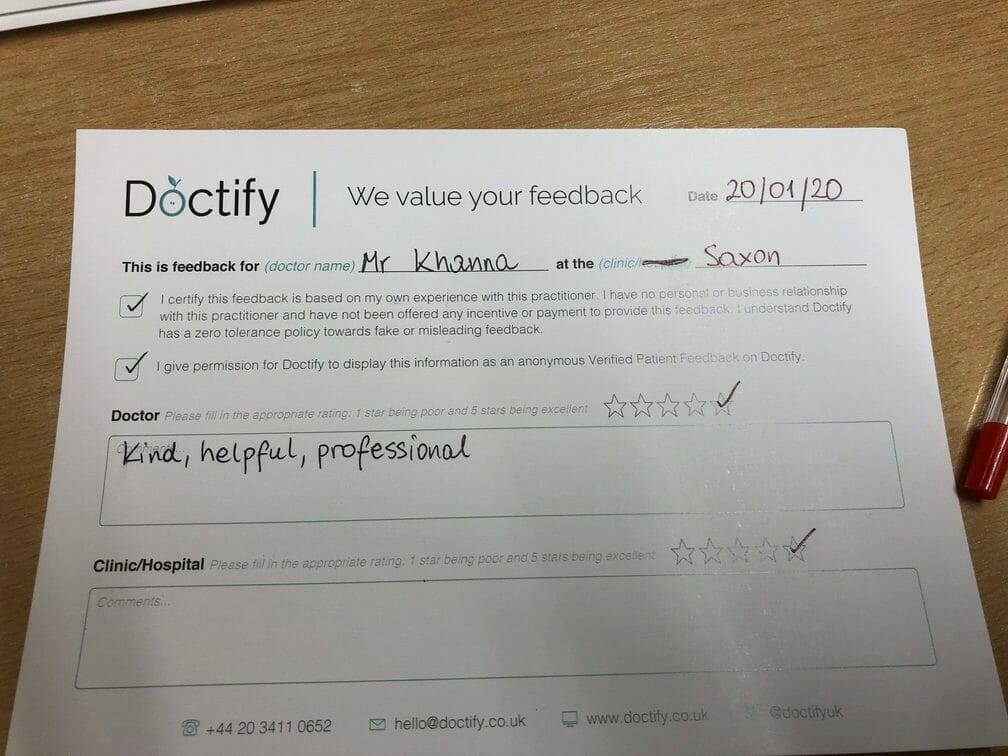 A 5 star Doctify review from a happy patient that talks about how kind, helpful and professional the doctor was
