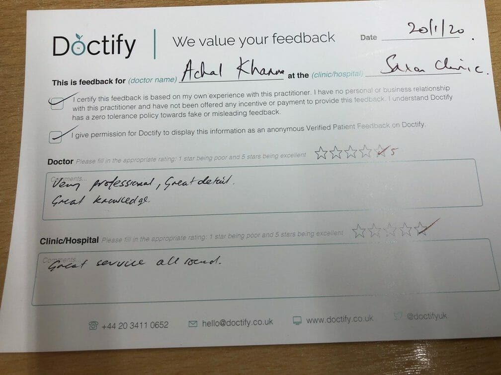 A 5 star Doctify review from a happy patient that says great service all round
