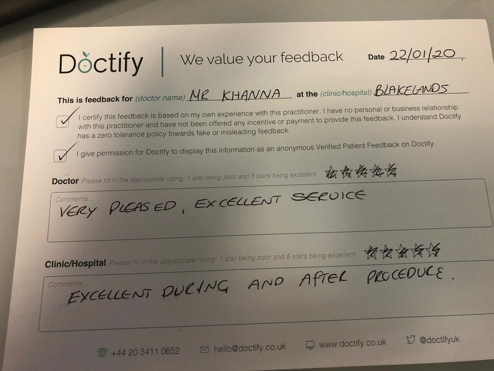 A 5 star Doctify review from a happy patient that says 'very pleased, excellent service''.